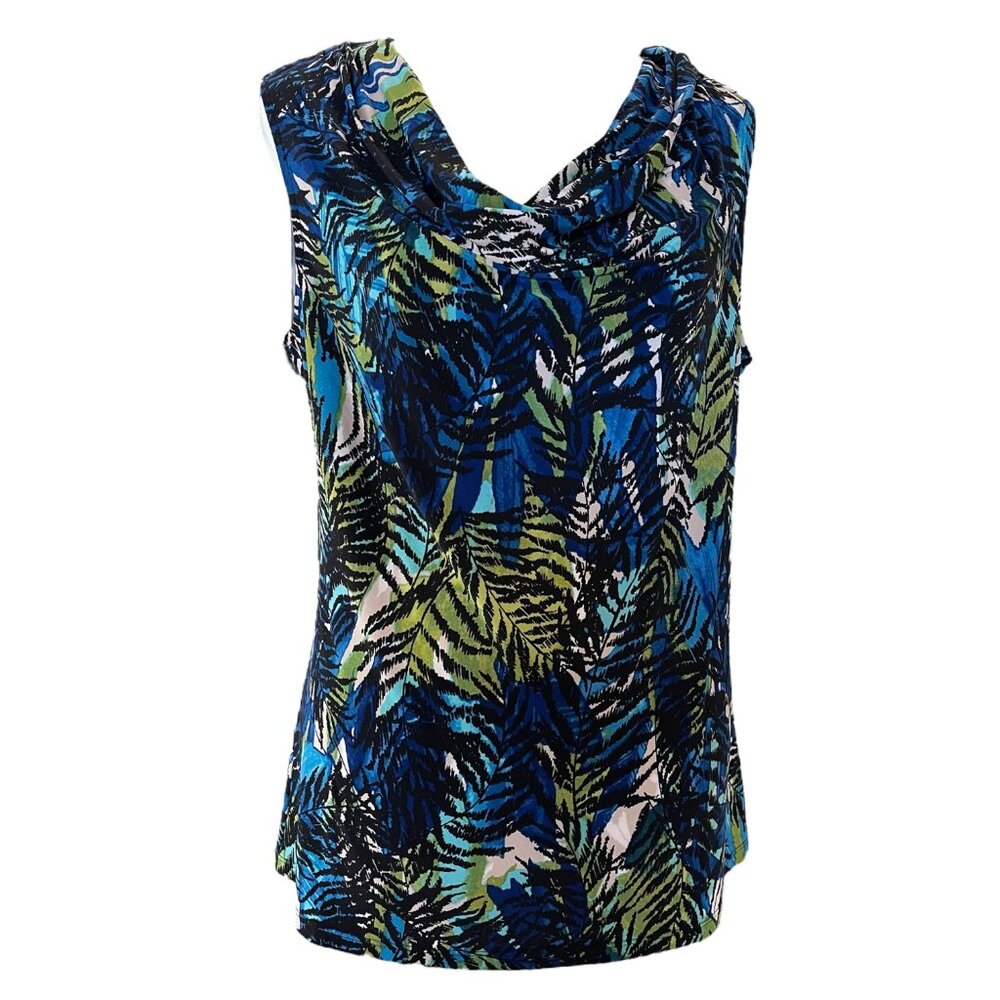 Evan-Picone Black Label Fern Print Blue, Green Sleeveless Shell Blouse Tank Top